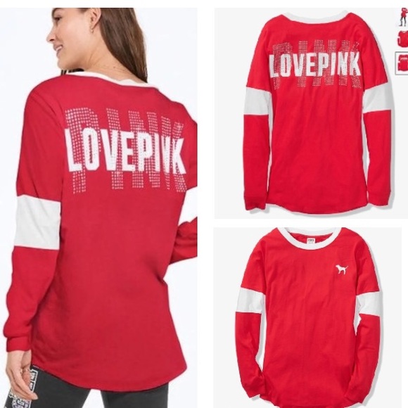 PINK Victoria's Secret Tops - 💕VS PINK RED SILVER BLING VARSITY CREW TEE